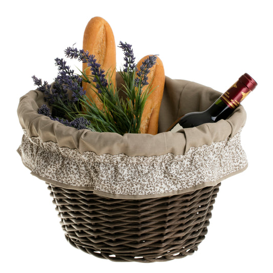 wicker bicycle basket with gray trim and straps