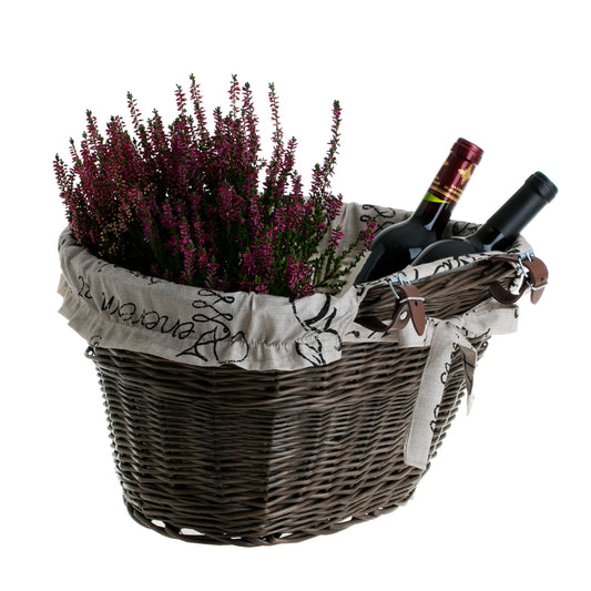 Paulus wicker bike basket with beige trim and straps TheWickerStories