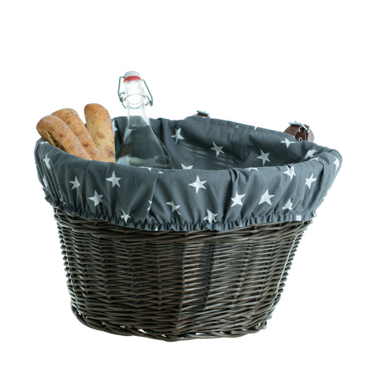 Paulus wicker bike basket with blue trim, featuring straps for handlebars TheWickerStories