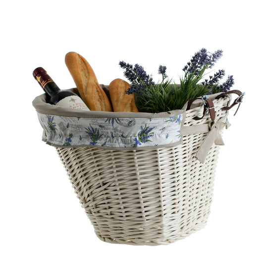 Paulus wicker bike basket with beige trim and straps TheWickerStories