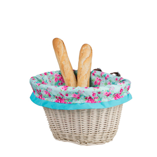 Paulus wicker bicycle handlebar basket with turquoise trim and straps TheWickerStories