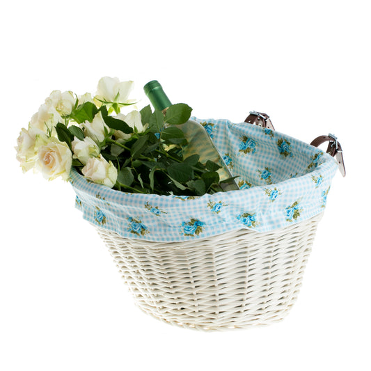 Paulus wicker bicycle basket with blue trim, featuring handlebar straps TheWickerStories