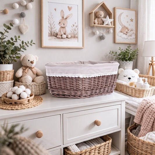 small wicker basket with beige lining