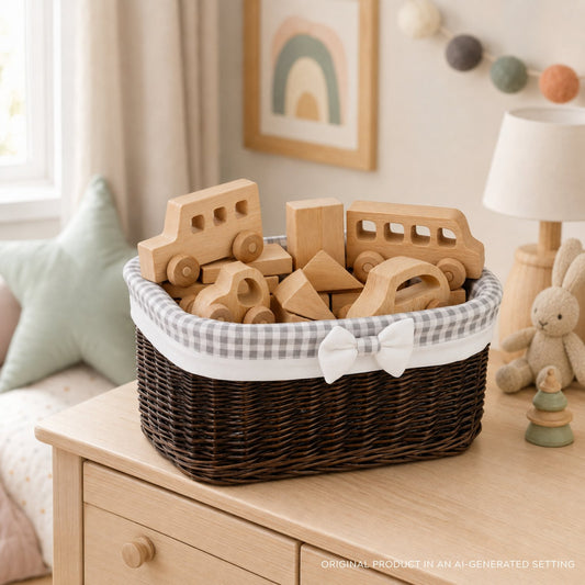 small wicker basket with grey lining
