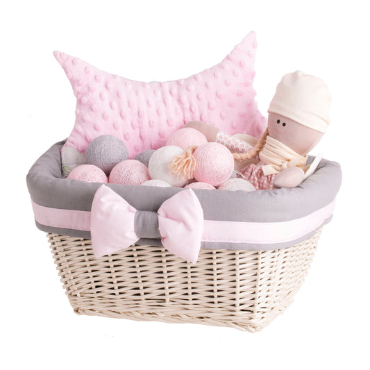 Nestor wicker shelf basket with gray trim and bow TheWickerStories