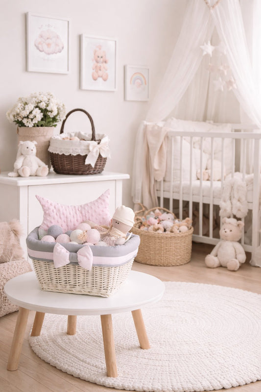 Rieten mand voor op een plank met grijze afwerking en strik