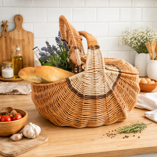 wicker picnic basket with lid