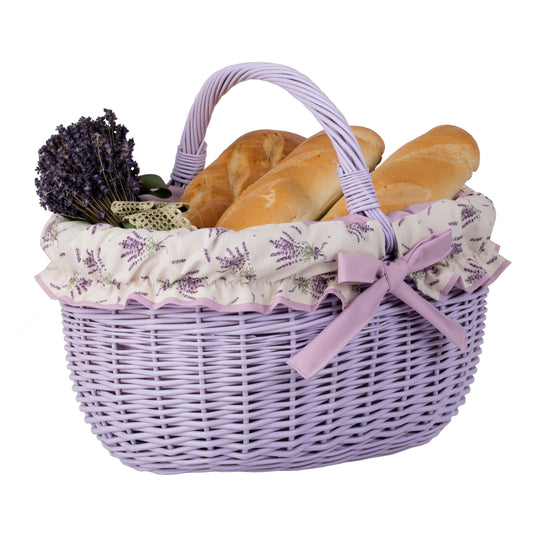 Werburga cesta de compras con asa de mimbre y ribete morado TheWickerStories