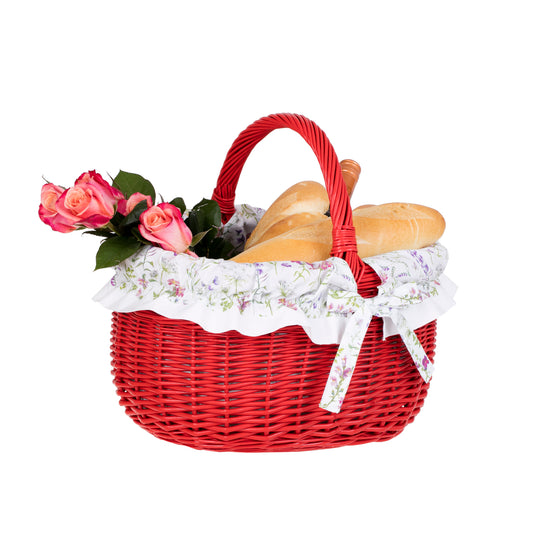 shopping basket with a wicker handle and white trim