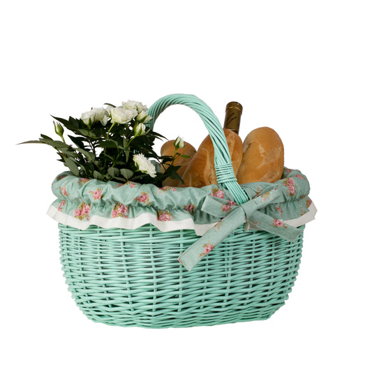 Werburga cesta de compras con asa de mimbre y ribete verde TheWickerStories