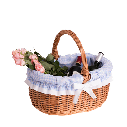 Werburga shopping basket with a wicker handle and blue trim TheWickerStories