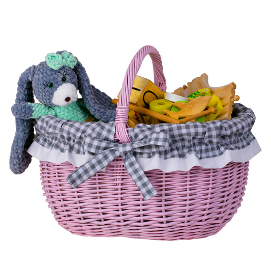 shopping basket with a wicker handle and gray trim