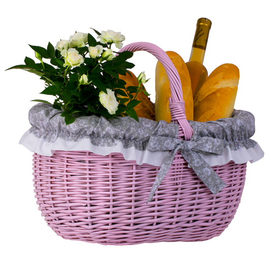 shopping basket with a wicker handle and gray trim