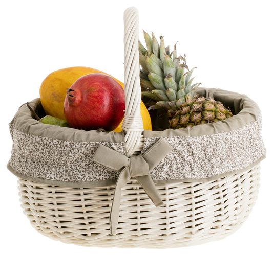 shopping basket with a wicker handle and beige trim