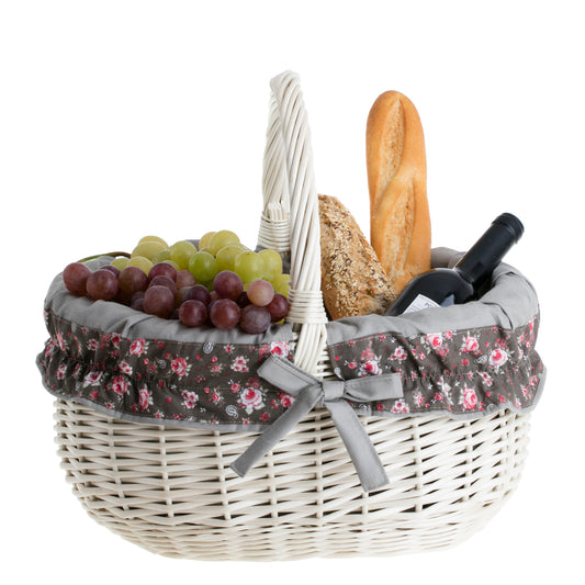 Werburga shopping basket with a wicker handle and gray trim TheWickerStories
