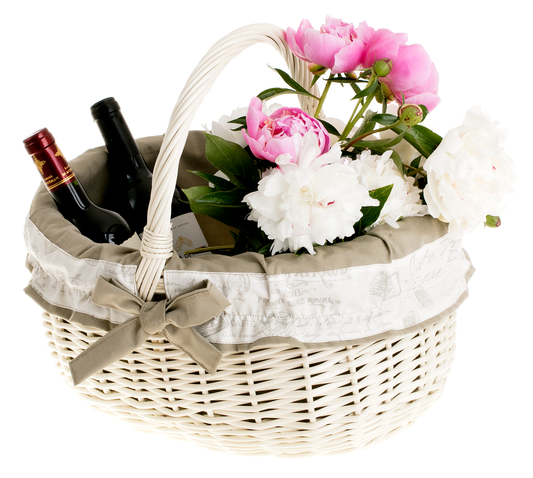 shopping basket with a wicker handle and beige trim