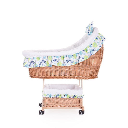 Papilio wicker baby stroller with white trim, blanket, and pillow, on wheels with a lower basket TheWickerStories