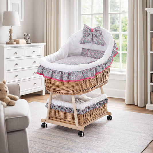 Papilio wicker baby stroller with white trim, blanket, and pillow, on wheels with a lower basket TheWickerStories