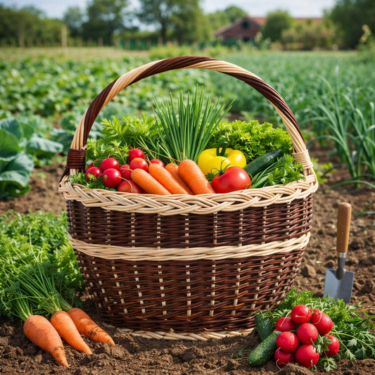 proutěný koš na sklizeň a nákupy s rukojetí