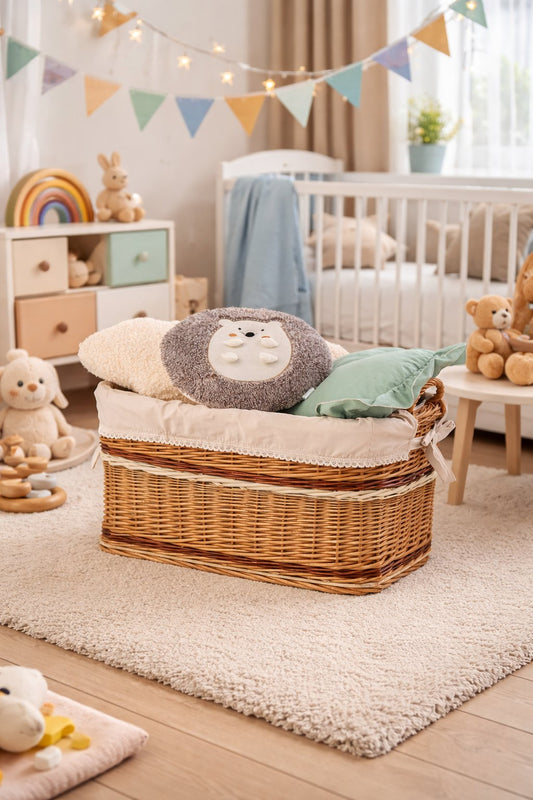 wicker storage basket with beige trim
