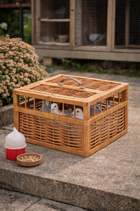 wicker bird carrier with handle, top and side opening