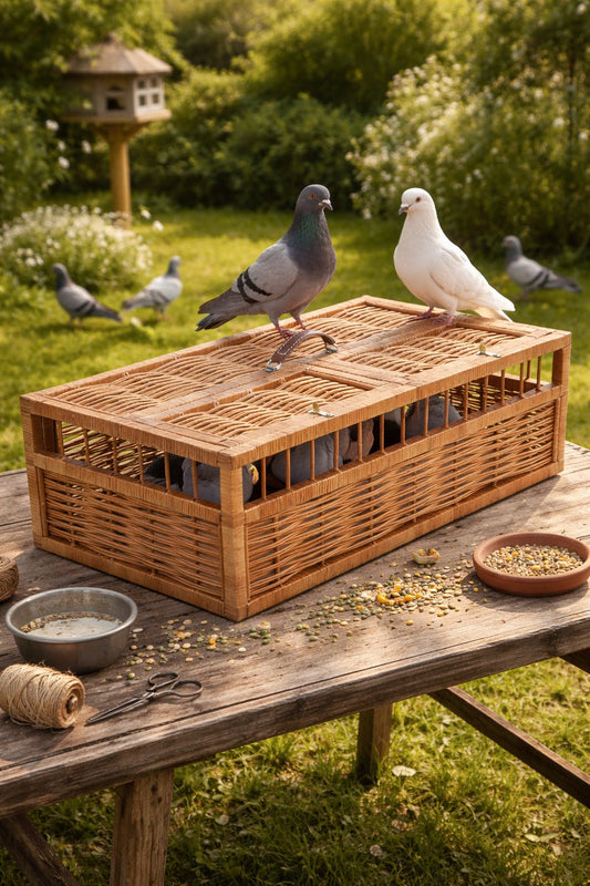 wicker bird and pigeon carrier with handle, top and side opening