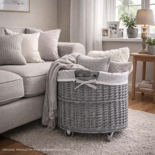 Caros large, round, mobile storage basket, wicker display basket with trim TheWickerStories