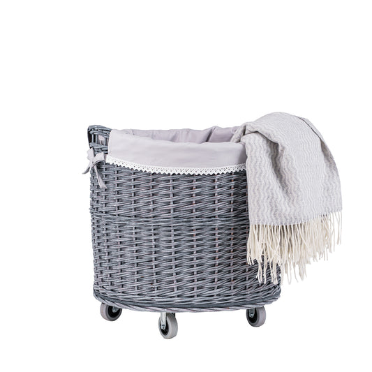 Caros wicker storage basket with gray trim TheWickerStories
