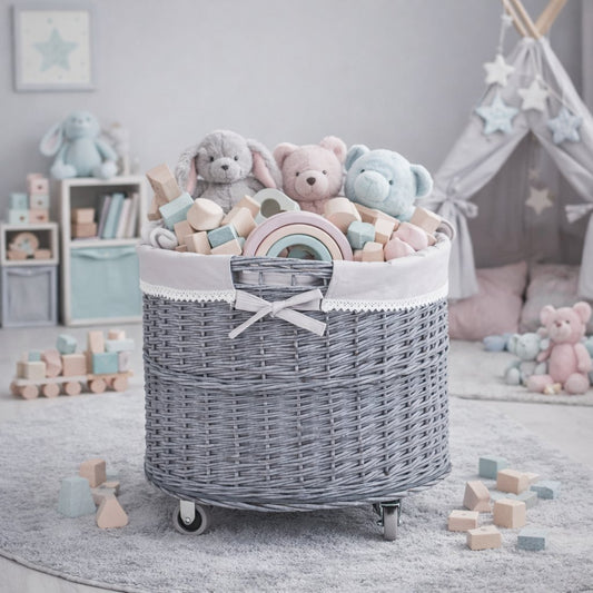 prútený úložný kôš so sivým lemovaním