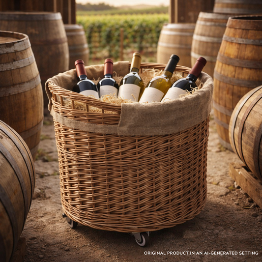 Caros large, round, mobile storage basket, wicker display basket with jute trim TheWickerStories