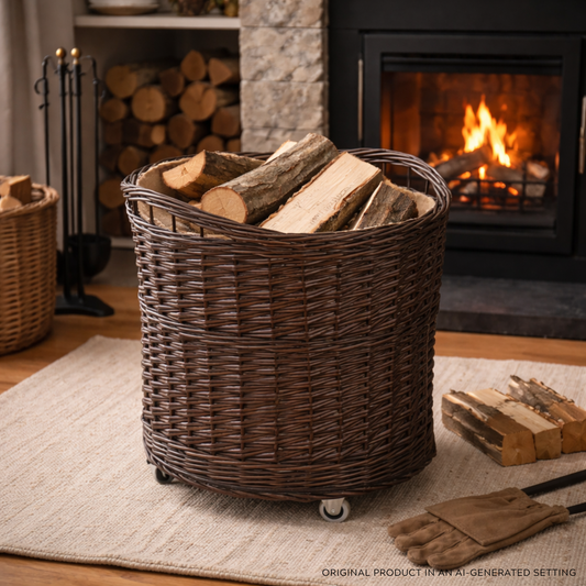 Caros large, round, mobile storage basket, wicker display basket with jute trim TheWickerStories