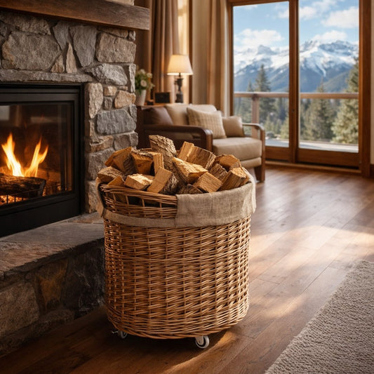 Caros wiklinowy koszyk pojemnik z jutowym obszyciem i kółkami TheWickerStories