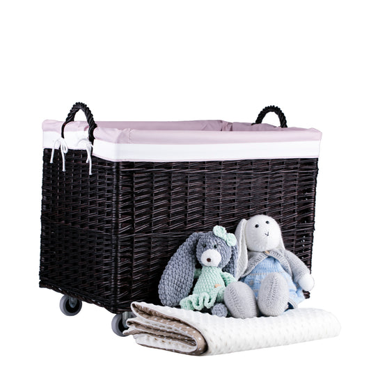Salux wicker basket with pink lining and wheels TheWickerStories