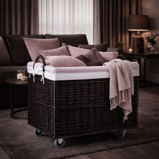 Weidenkorb mit rosa Stoffeinsatz und Rollen