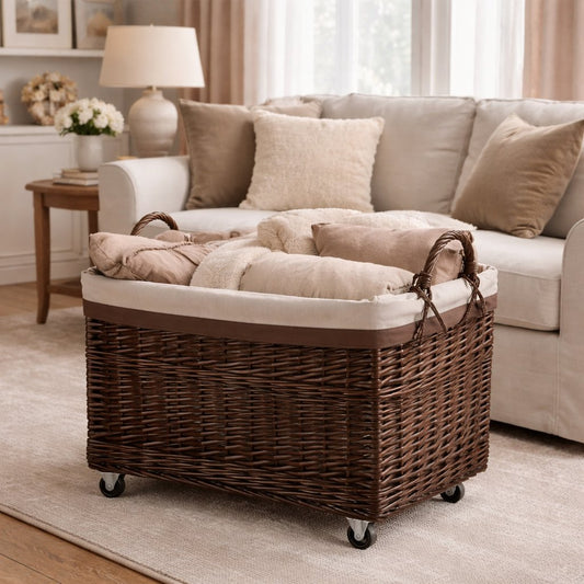 Salux wicker display basket for shop with brown trim TheWickerStories