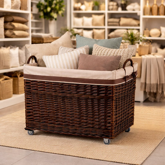 wicker display basket for shop with brown trim