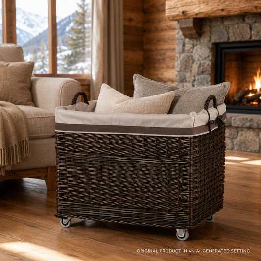 wicker display basket for shop with brown trim