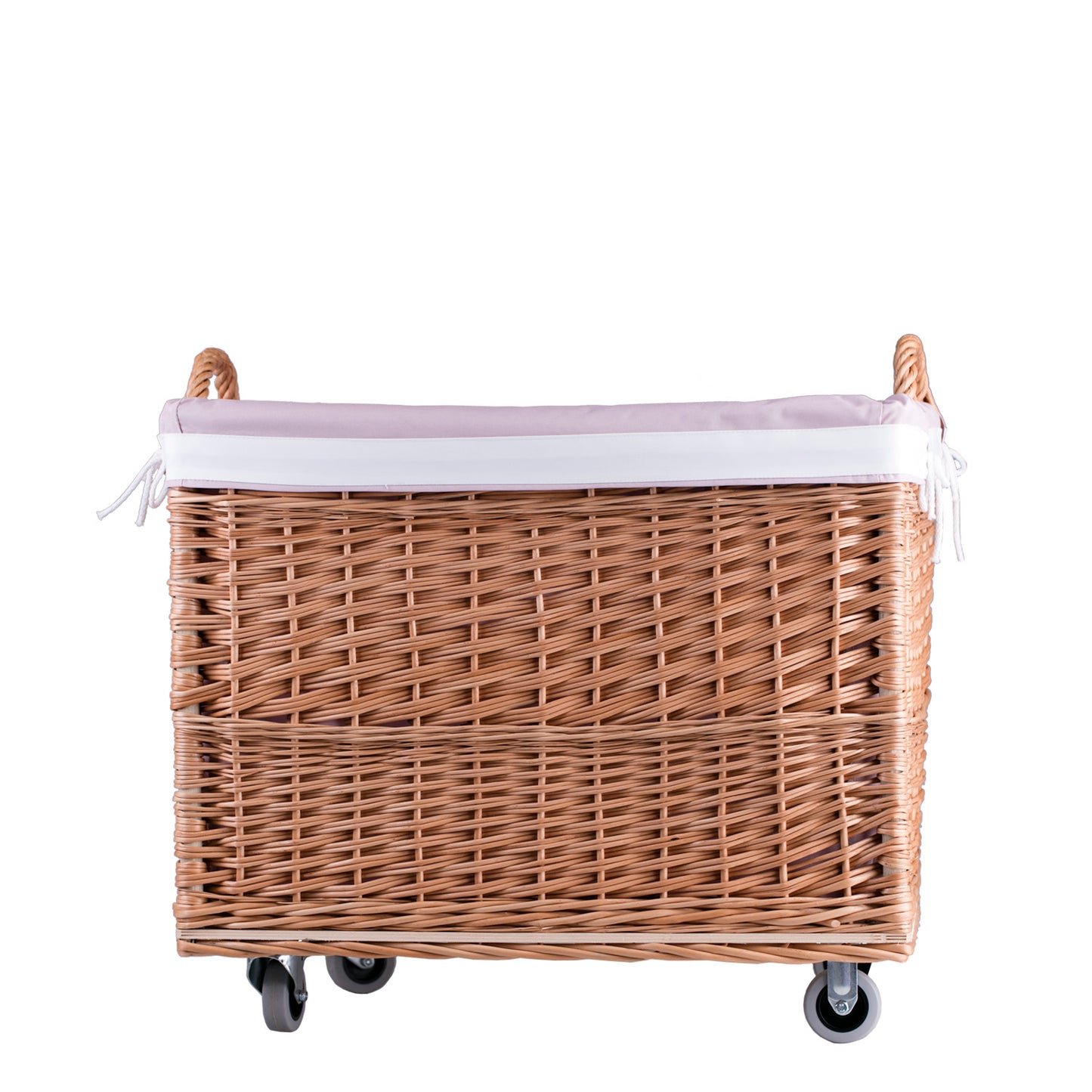 Salux wiklinowy koszyk z różowym obszyciem i kółkami TheWickerStories
