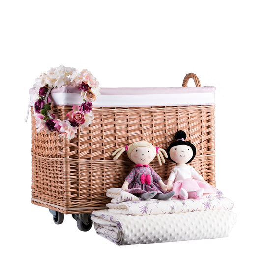 Salux wicker basket with pink lining and wheels TheWickerStories