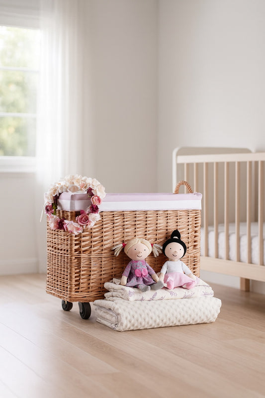 Salux wicker basket with pink lining and wheels TheWickerStories