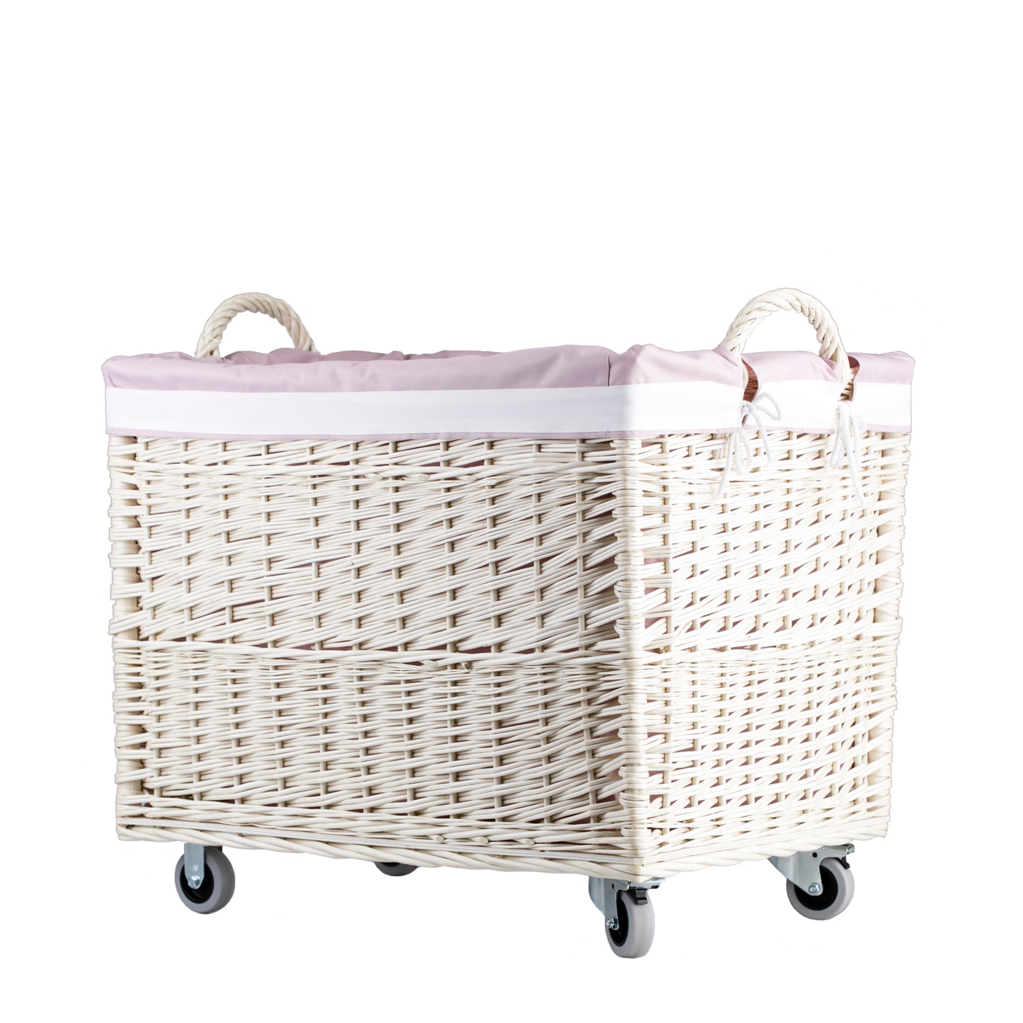 Salux Rieten wasmand met roze bies, op wieltjes en met handvatten