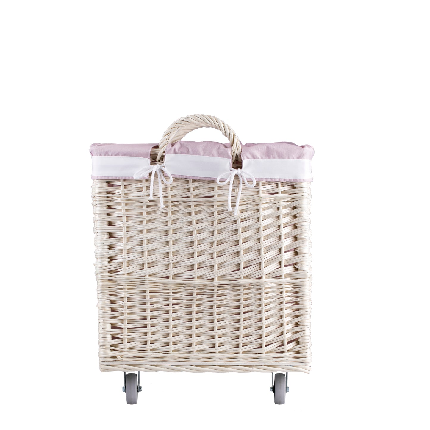 Salux Rieten wasmand met roze bies, op wieltjes en met handvatten