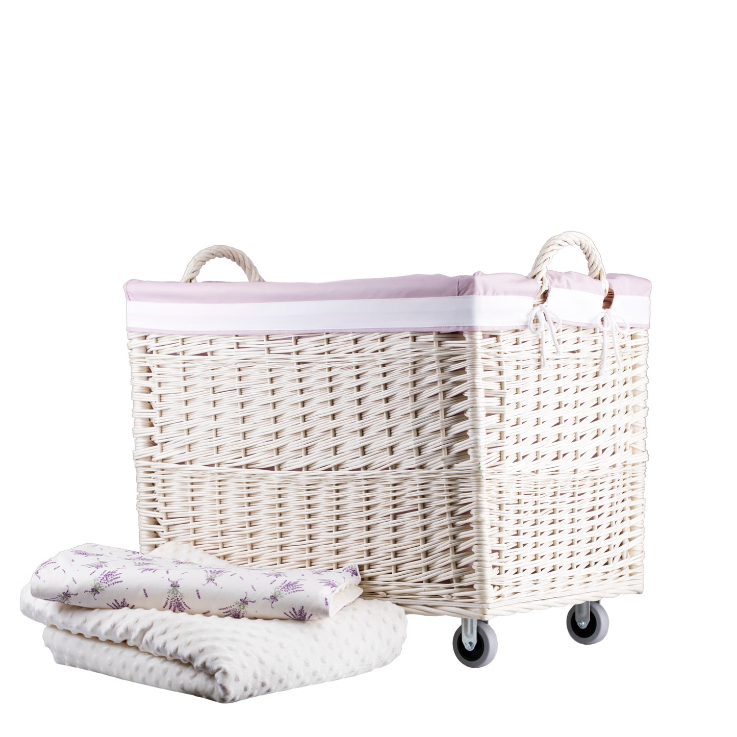 Salux Rieten wasmand met roze bies, op wieltjes en met handvatten