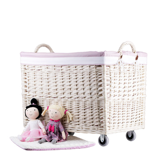 Salux wicker laundry basket with pink trim, on wheels, with handles TheWickerStories