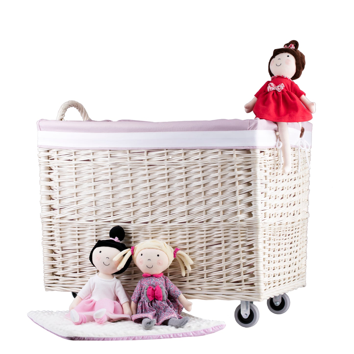 Salux Rieten wasmand met roze bies, op wieltjes en met handvatten