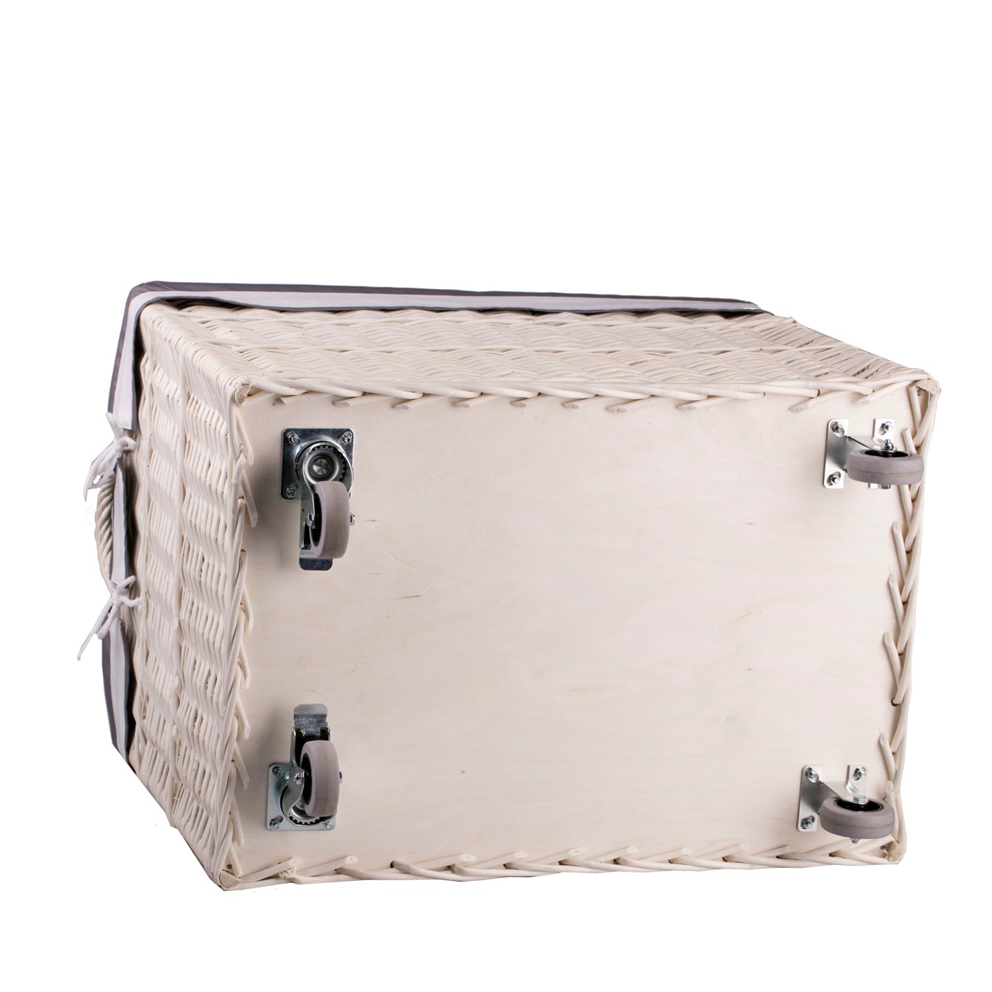 Salux wicker basket with grey lining and wheels TheWickerStories