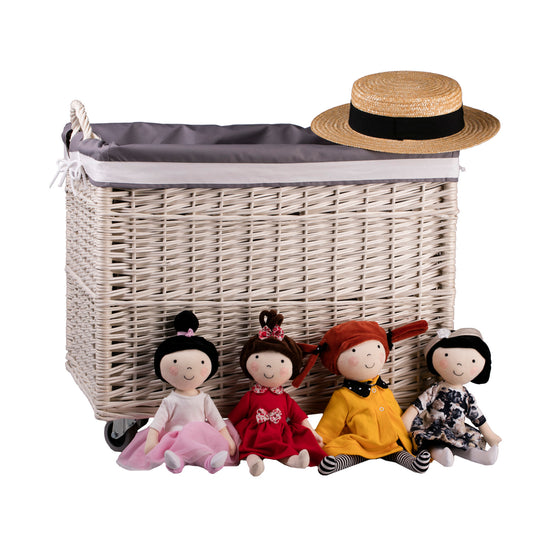 Salux wicker basket with grey lining and wheels TheWickerStories