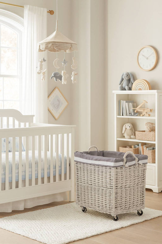 Salux wicker basket with grey lining and wheels TheWickerStories