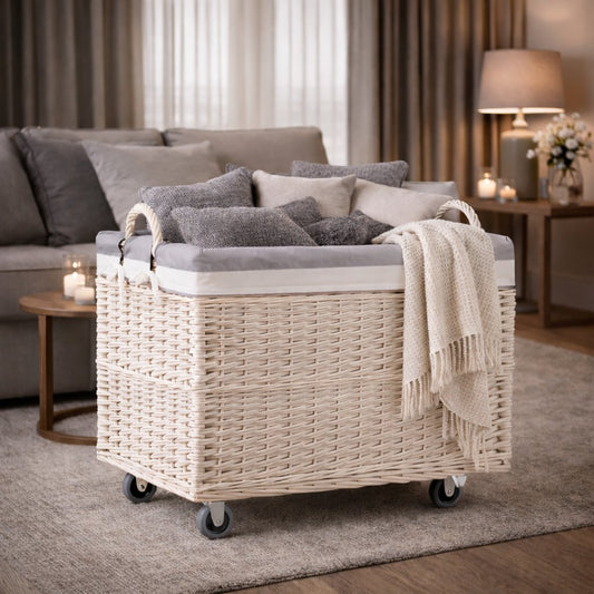 Salux wiklinowy koszyk z szarym obszyciem i kółkami TheWickerStories