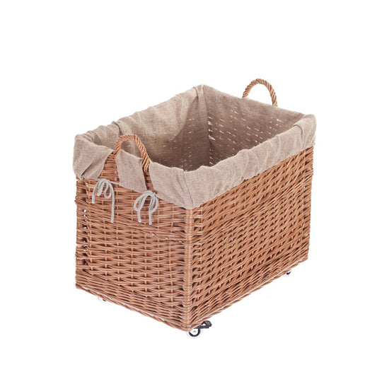 Salux wicker firewood basket with jute lining and wheels TheWickerStories